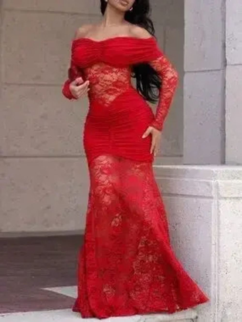 Off-Shoulder Ruched Lace Mermaid Maxi Dress - Picture 1 of 10